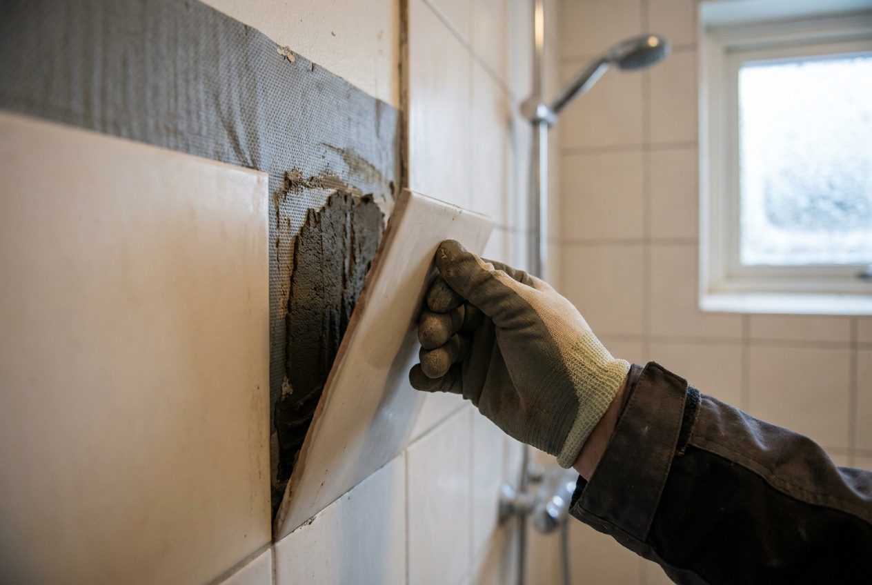 Lossnad kakelplatta med tätskiktet synligt bakom